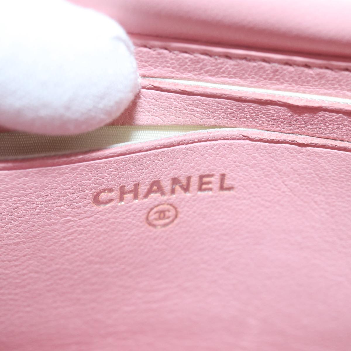 CHANEL Gamaguchi Pouch Leather Pink Silver CC Auth bs16883