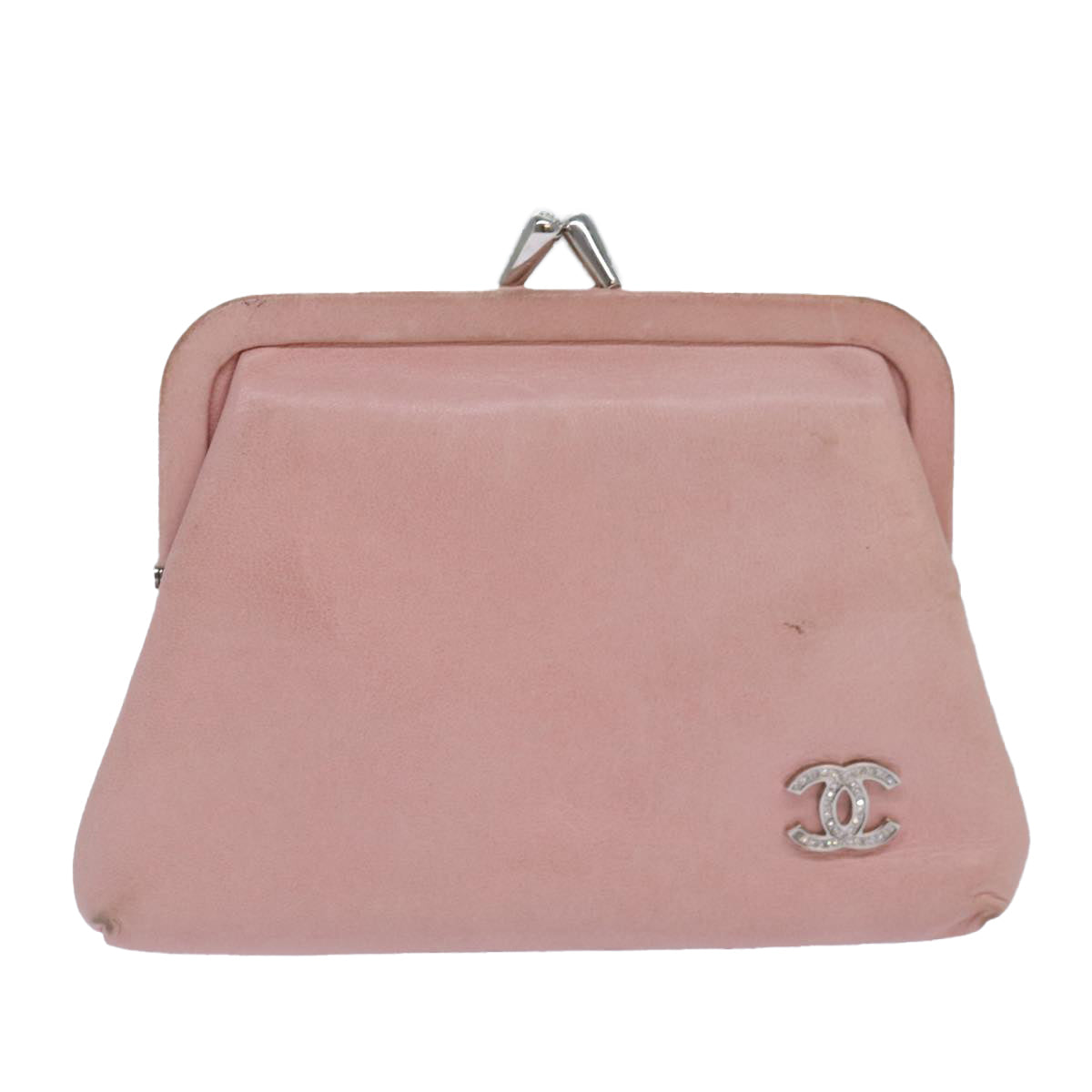 CHANEL Gamaguchi Pouch Leather Pink Silver CC Auth bs16883