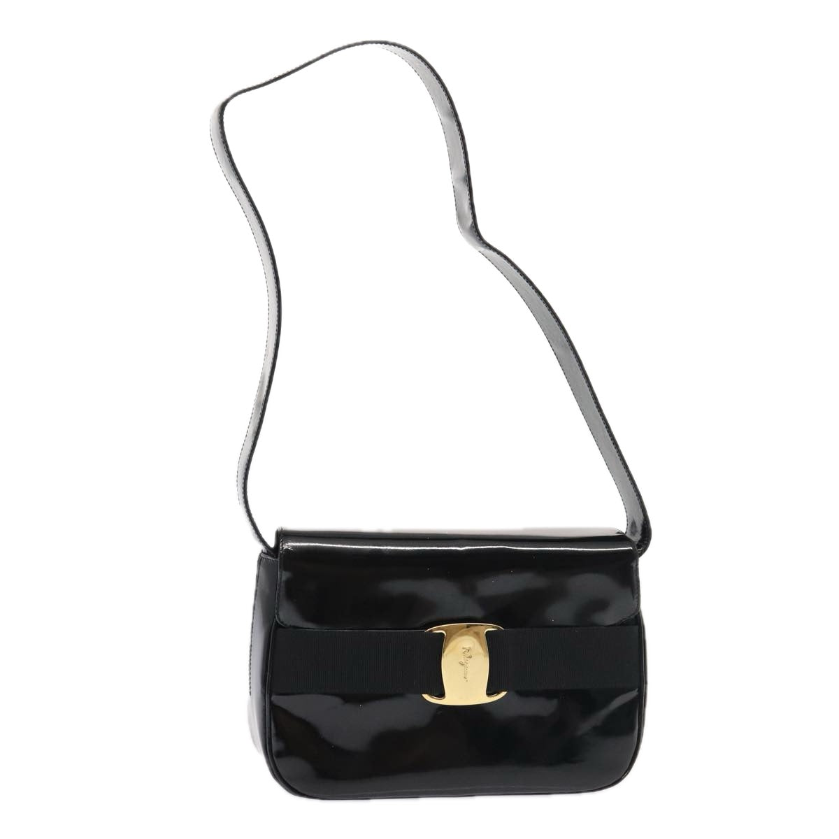 Salvatore Ferragamo Shoulder Bag Patent Leather Black Gold Auth bs16894