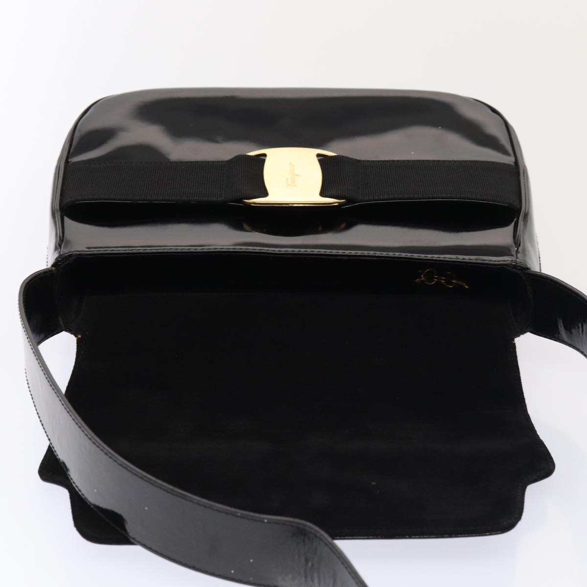 Salvatore Ferragamo Shoulder Bag Patent Leather Black Gold Auth bs16894