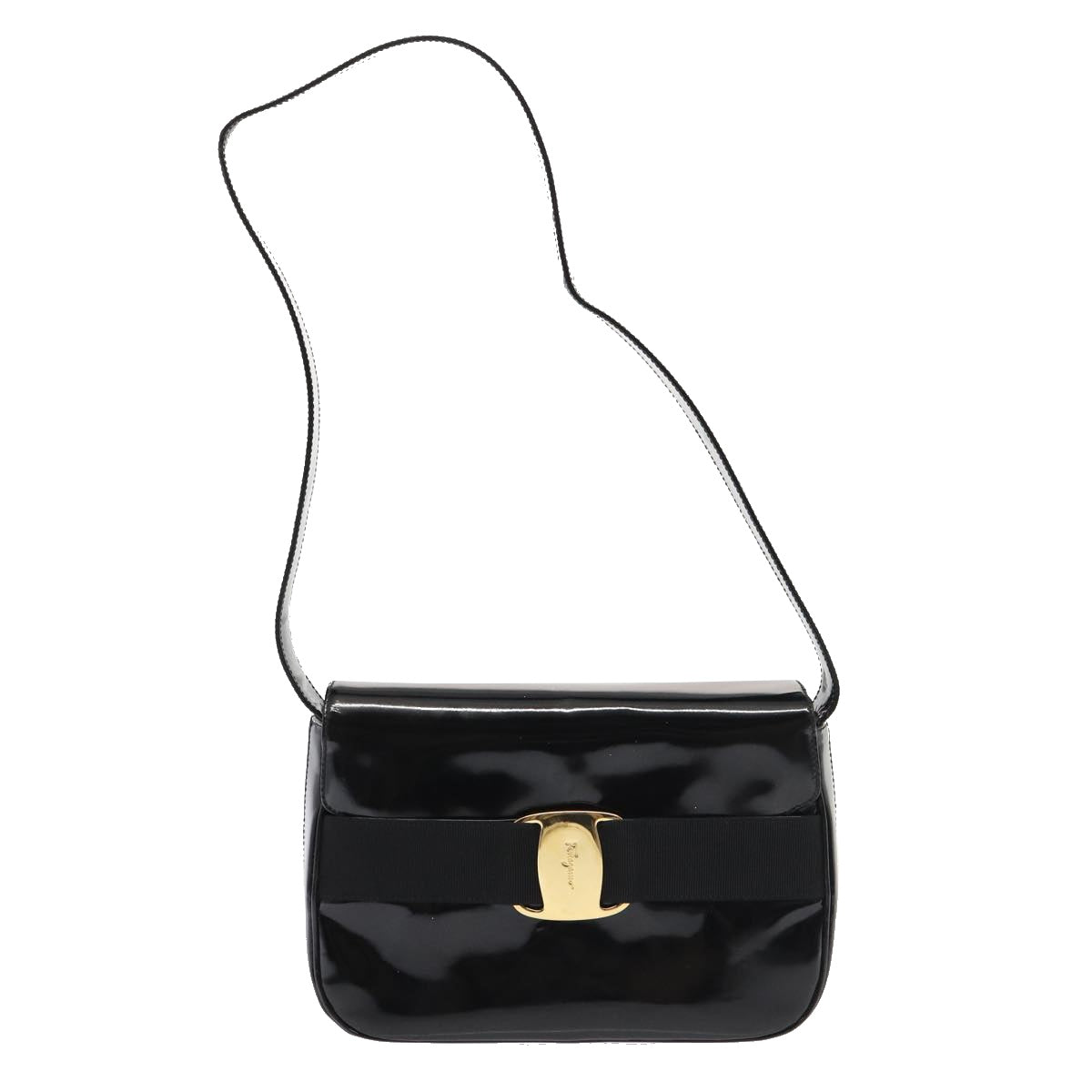 Salvatore Ferragamo Shoulder Bag Patent Leather Black Gold Auth bs16894 - 0