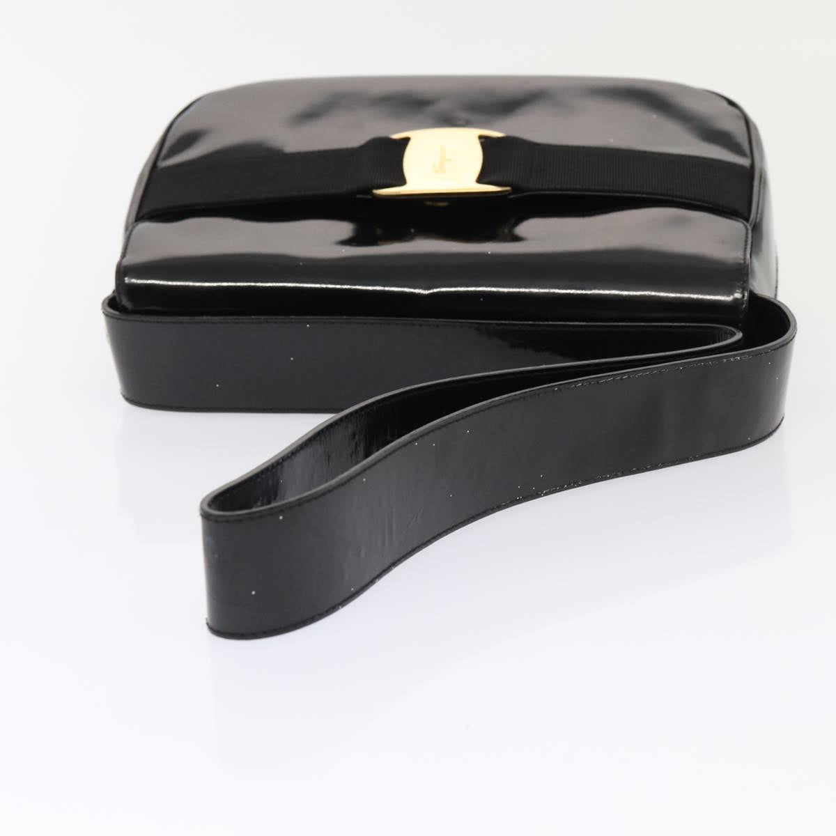 Salvatore Ferragamo Shoulder Bag Patent Leather Black Gold Auth bs16894