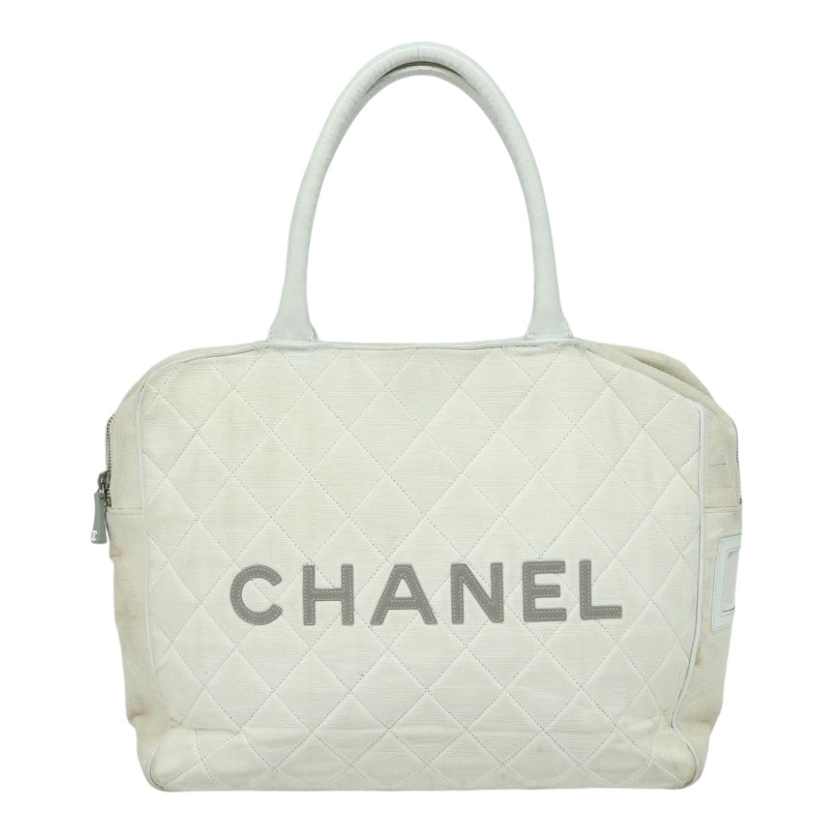 CHANEL Hand Bag Canvas White Silver CC Auth bs16919