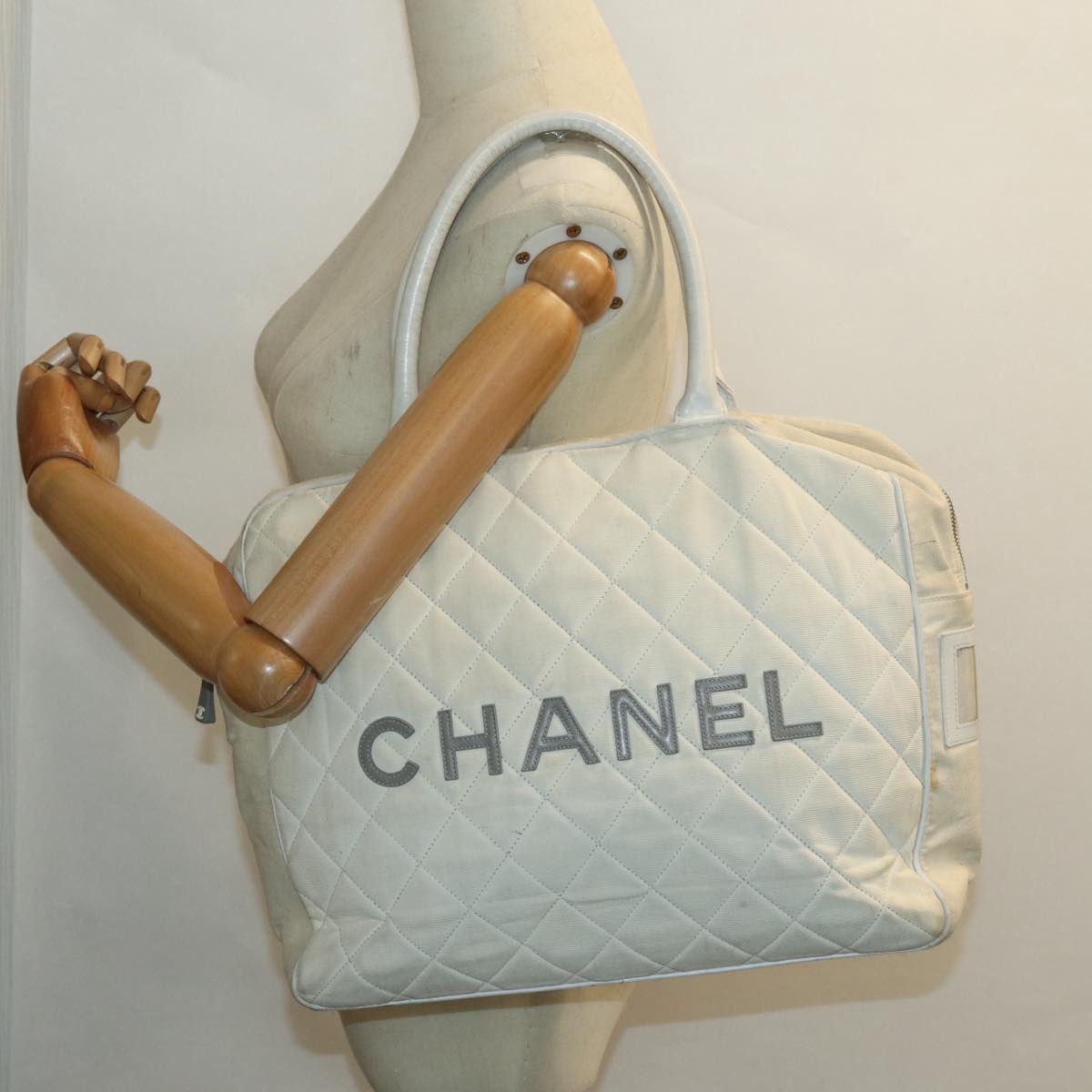 CHANEL Hand Bag Canvas White Silver CC Auth bs16919