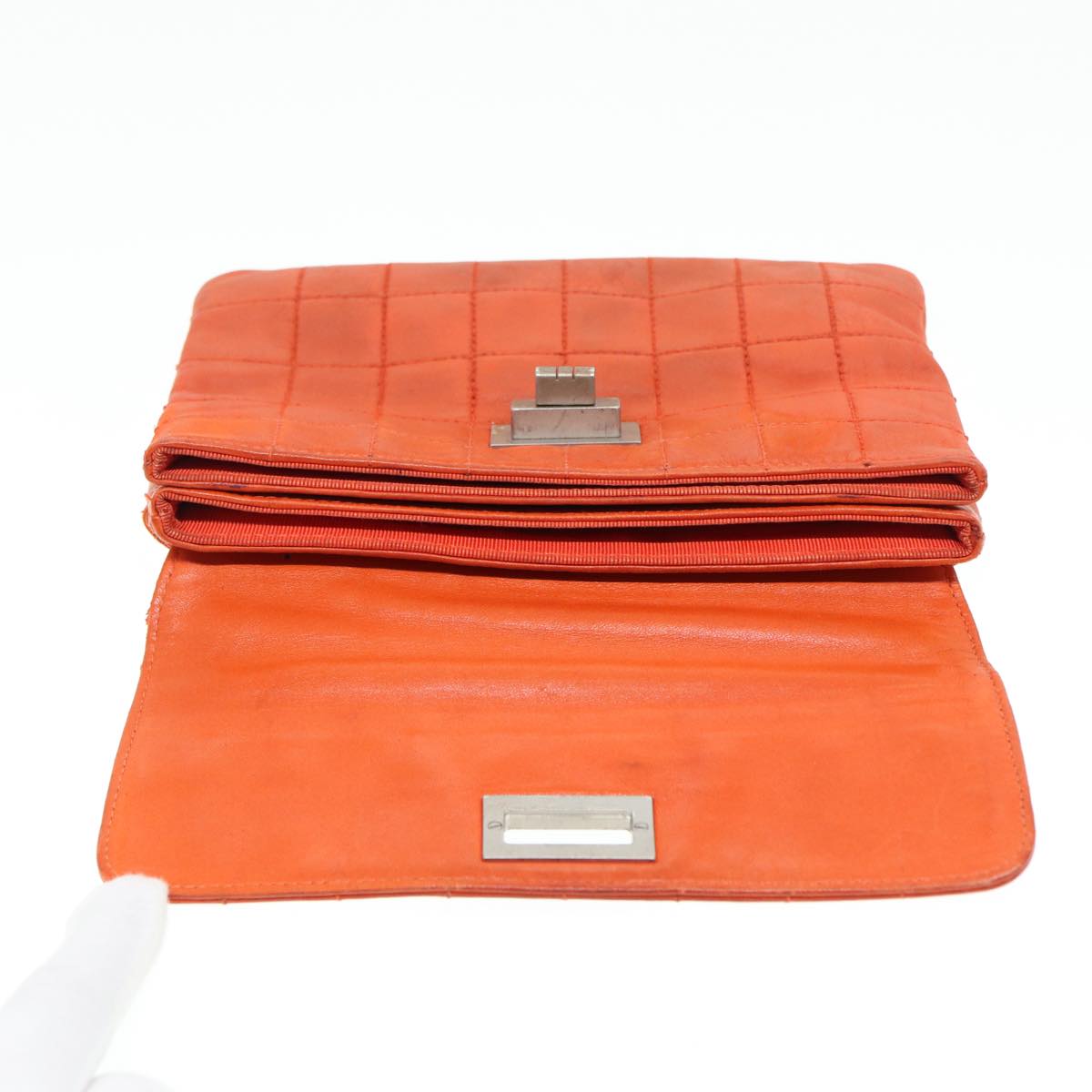 CHANEL Choco Bar Clutch Bag Lamb Skin Orange CC Auth bs16924