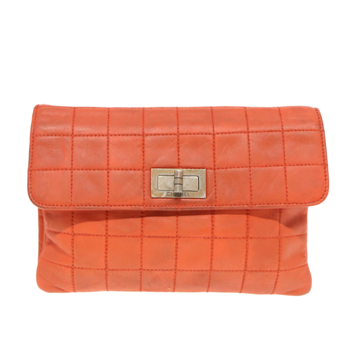 CHANEL Choco Bar Clutch Bag Lamb Skin Orange CC Auth bs16924