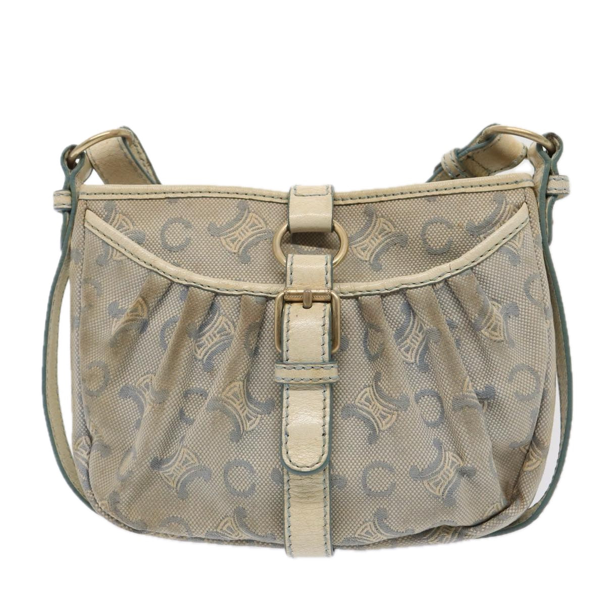 CELINE C Macadam Canvas Shoulder Bag Leather Light Blue White gold Auth bs16956