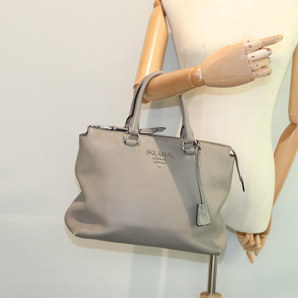 PRADA Hand Bag Leather Gray Silver Auth bs16963