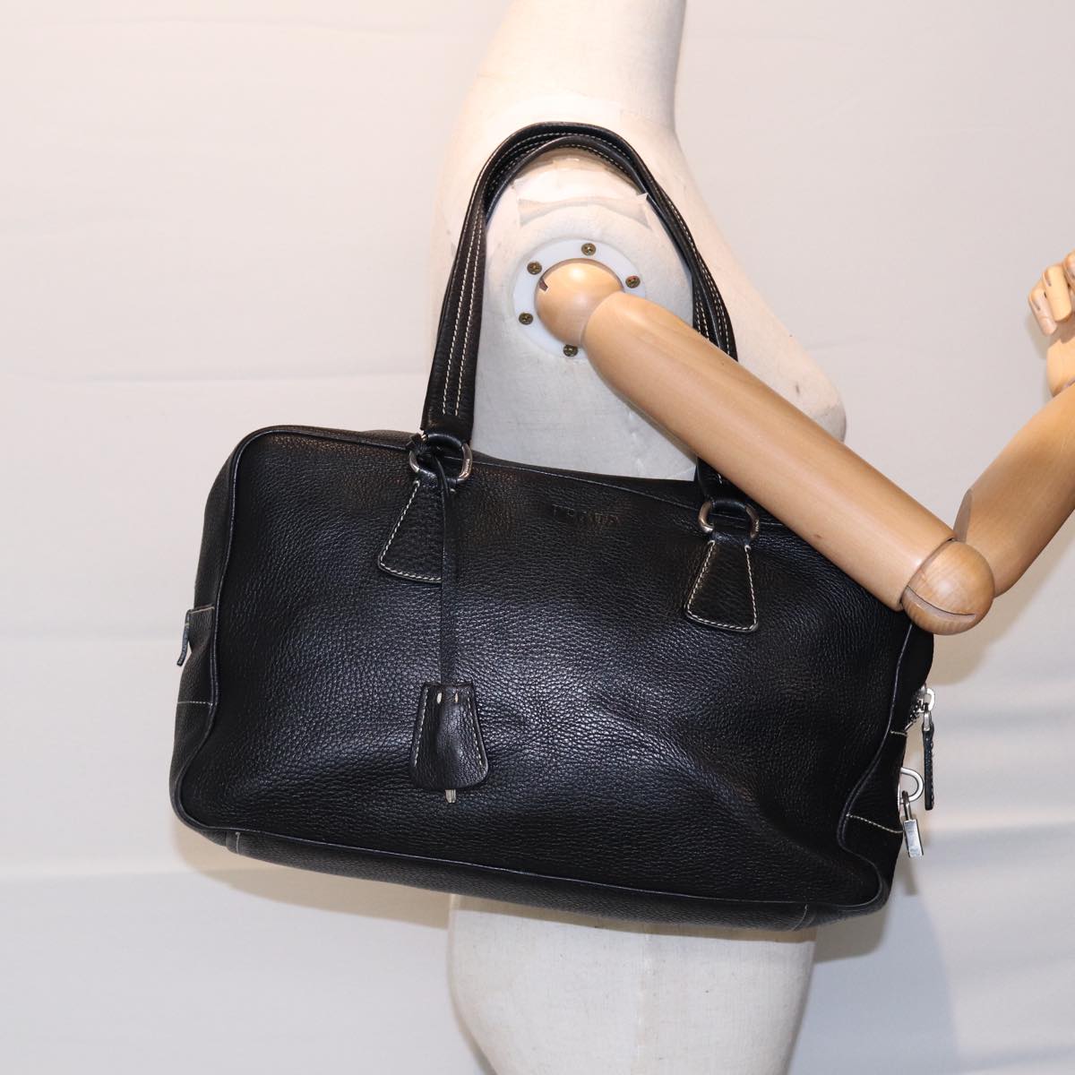 PRADA Tote Bag Leather Black Silver Auth bs16964