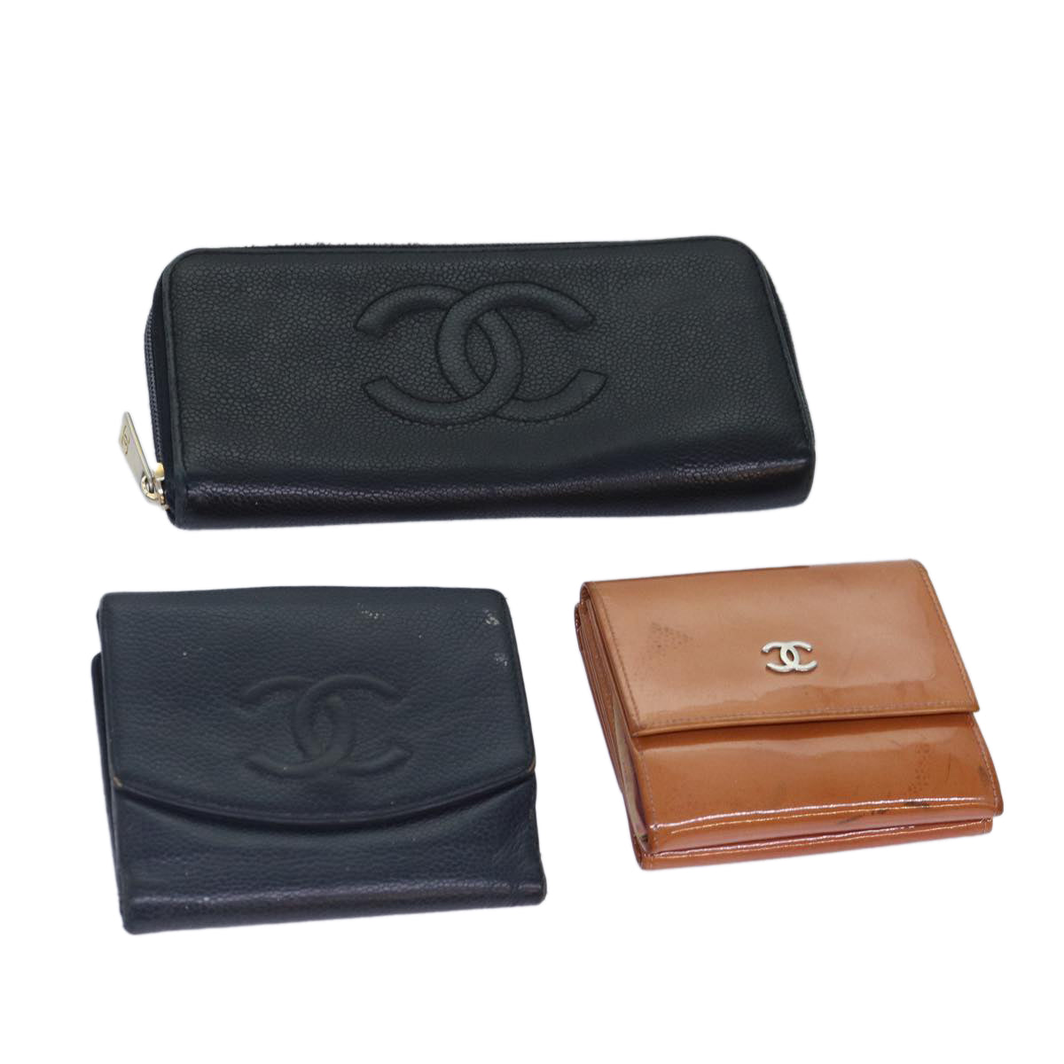 CHANEL Wallet Leather Patent leather 3Set Pink Black CC Auth bs16968