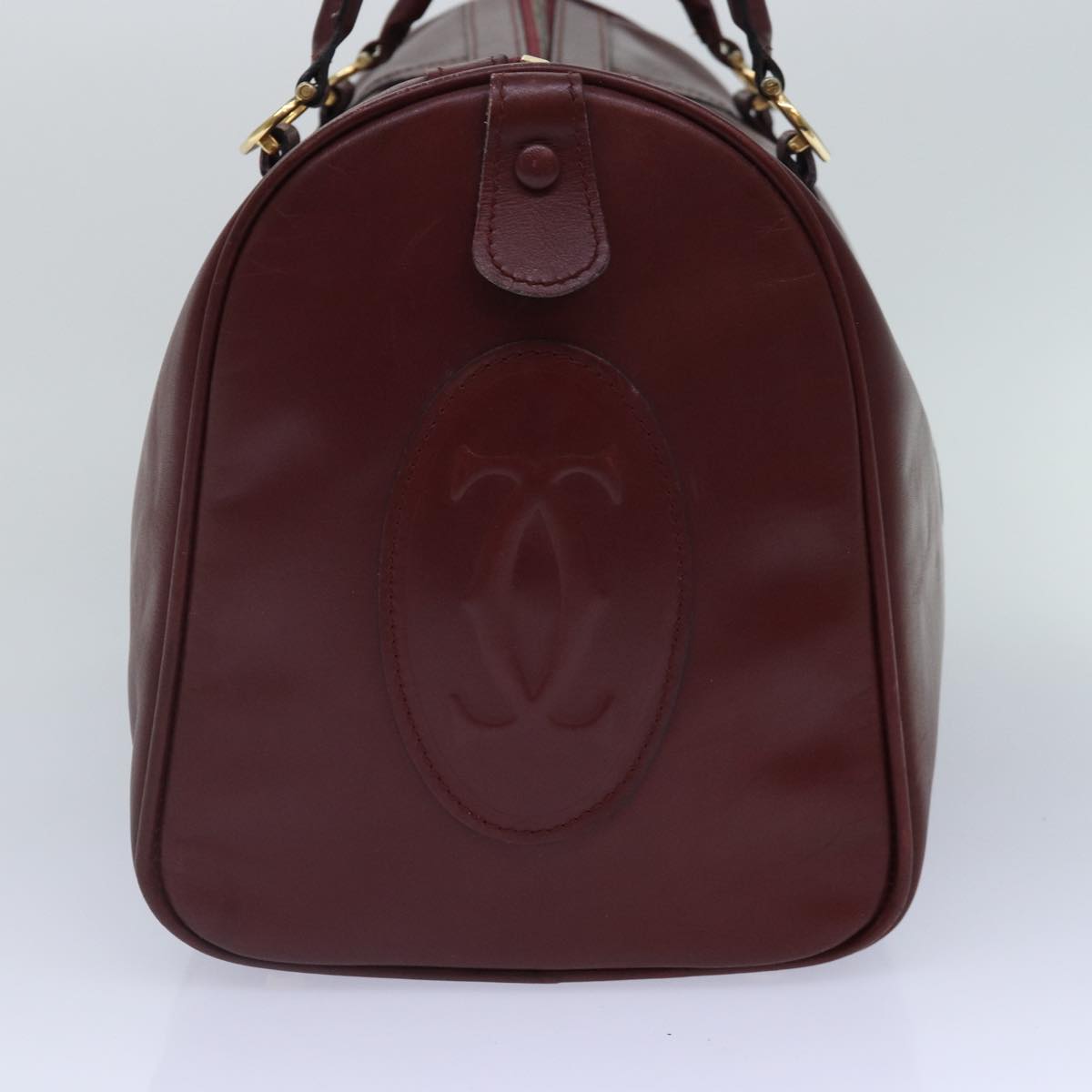 CARTIER Boston Bag Leather Bordeaux Gold Auth bs16976