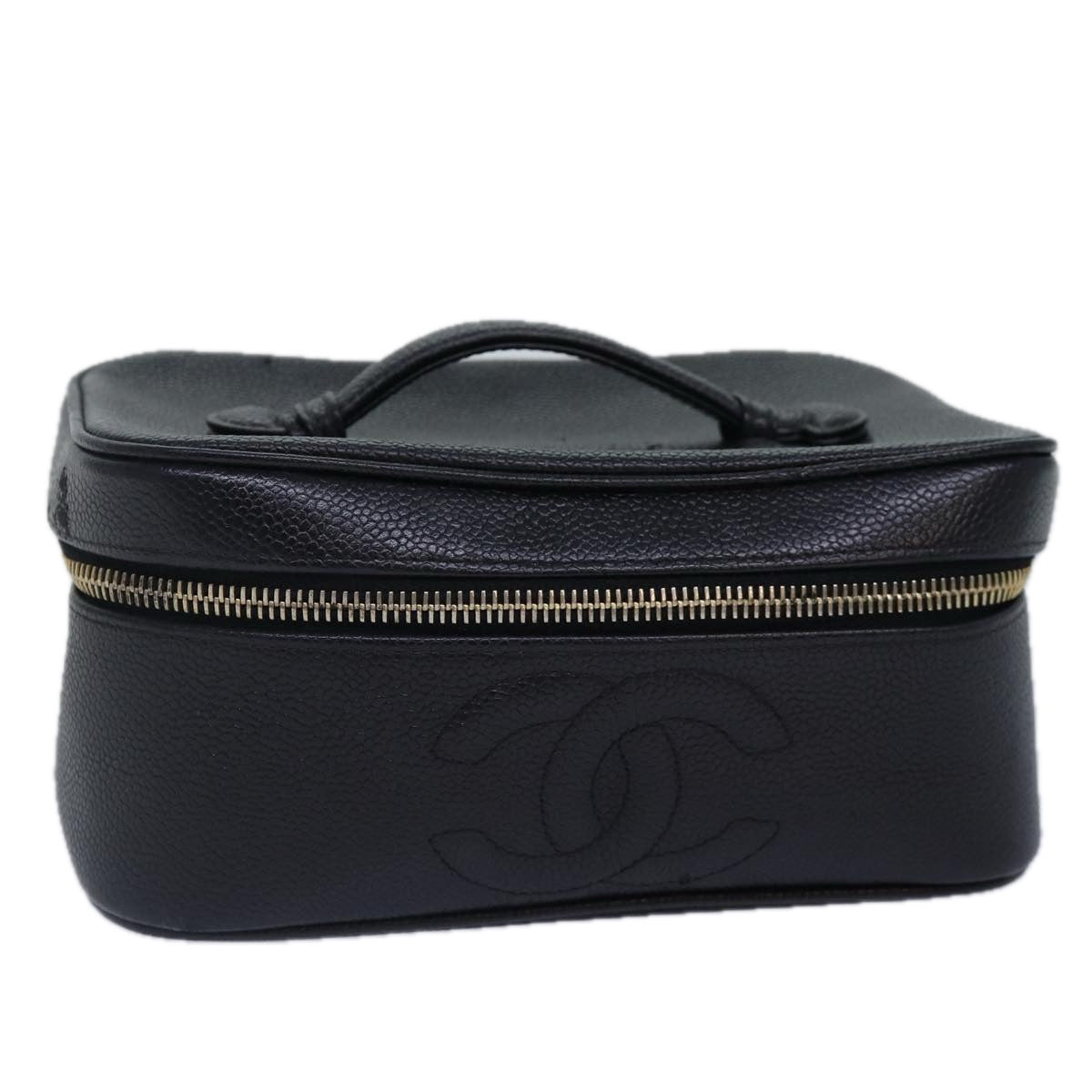 CHANEL COCO Mark Vanity Pouch Caviar Skin Black Gold CC Auth bs16979