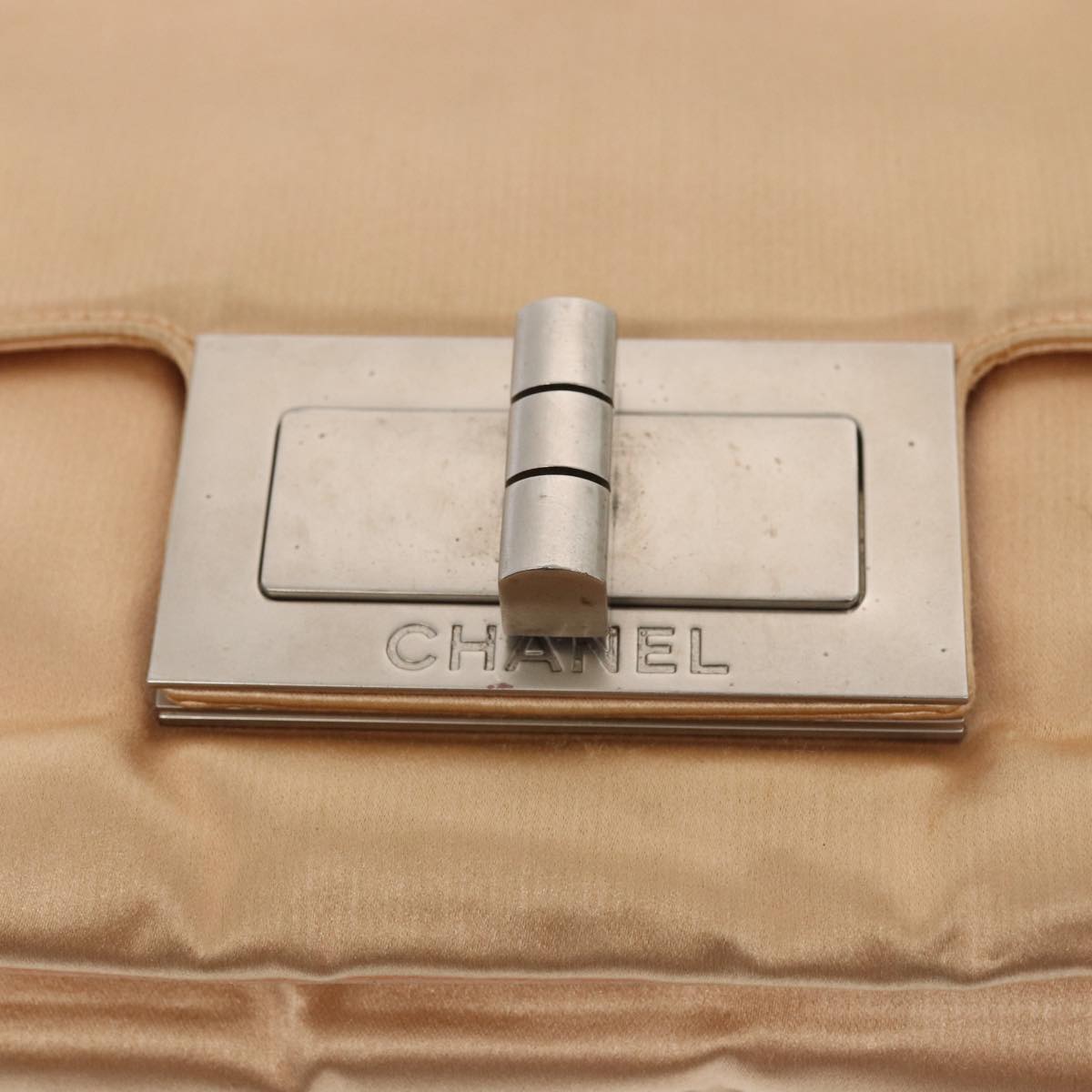 CHANEL Chain Shoulder Bag Satin Beige Silver CC Auth bs16982