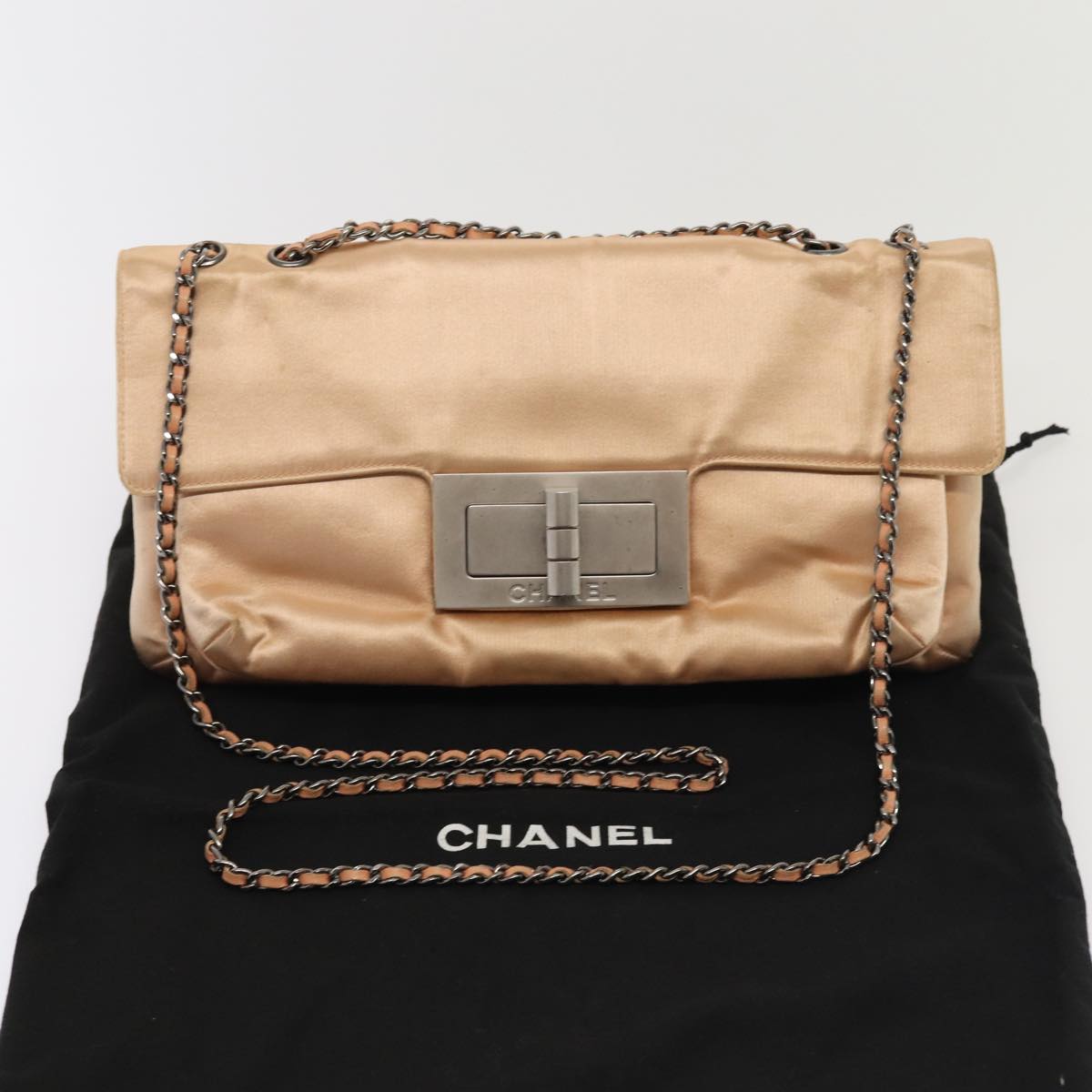 CHANEL Chain Shoulder Bag Satin Beige Silver CC Auth bs16982