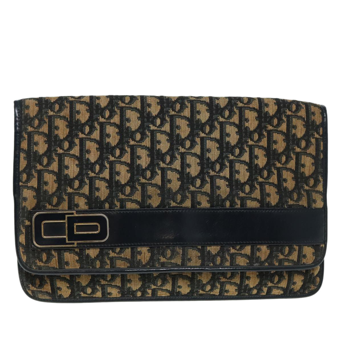 Christian Dior Trotter Canvas Clutch Bag Navy Black gold Auth bs16996 - 0