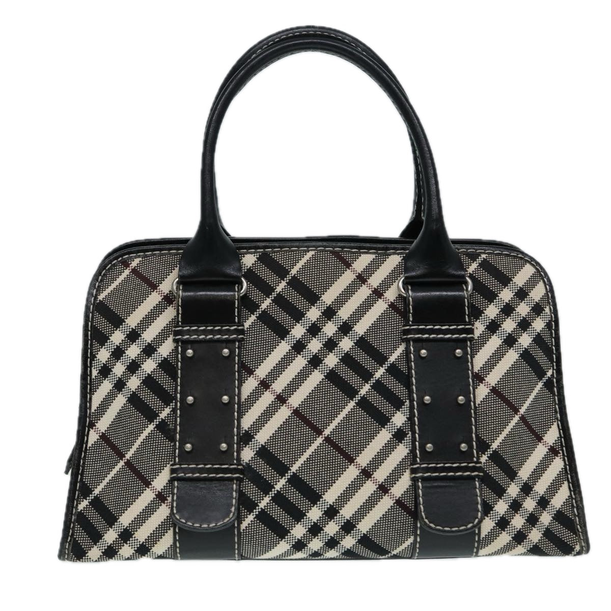 BURBERRY Nova Check Blue Label Hand Bag Canvas Leather Beige Silver Auth bs17027