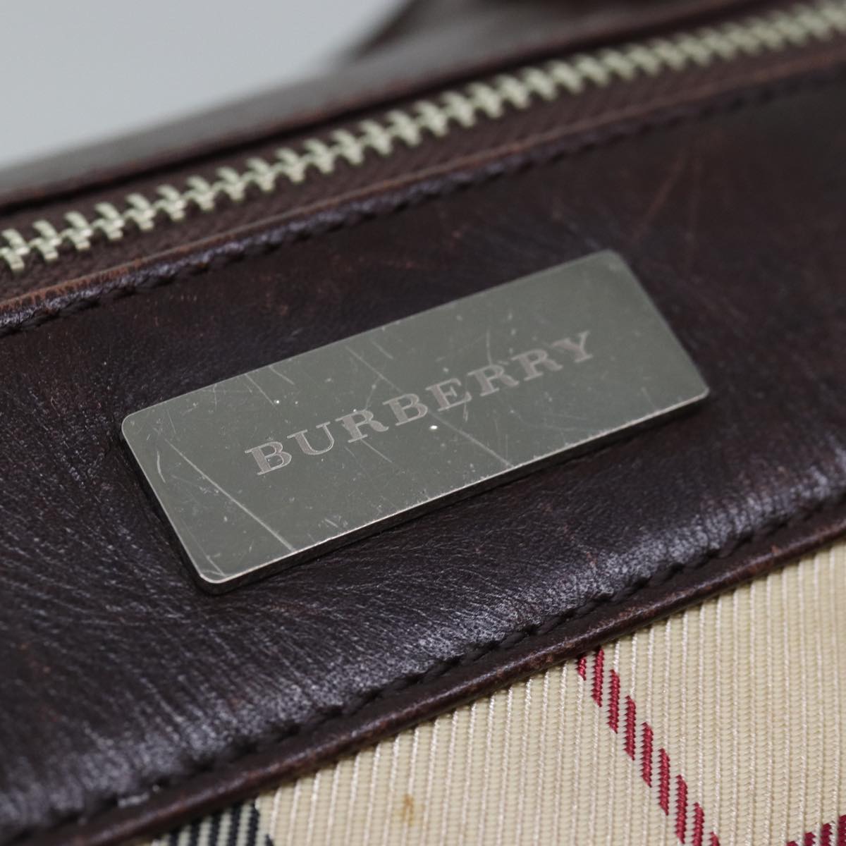 BURBERRY Nova Check Hand Bag Canvas Beige Silver Auth bs17030