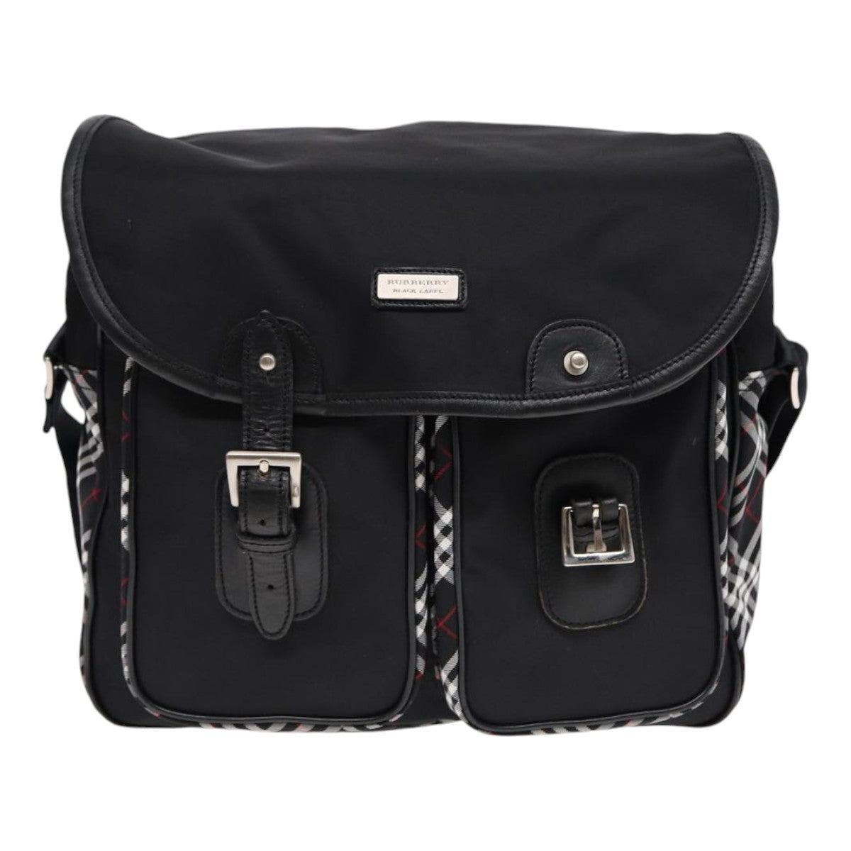 BURBERRY Nova Check Black label Shoulder Bag Nylon Black Silver Auth bs17031