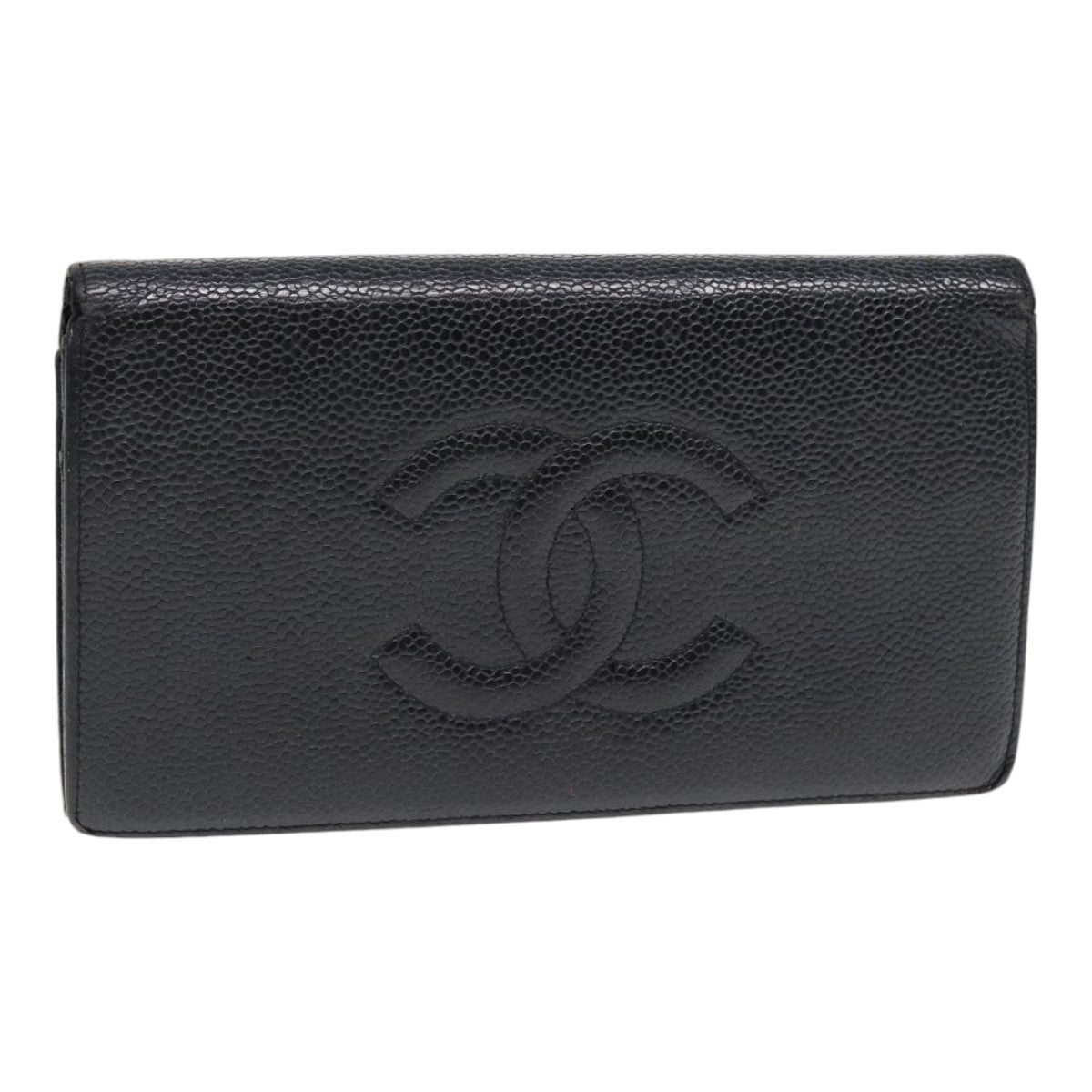 CHANEL Wallet Caviar Skin Black Gold CC Auth bs17064