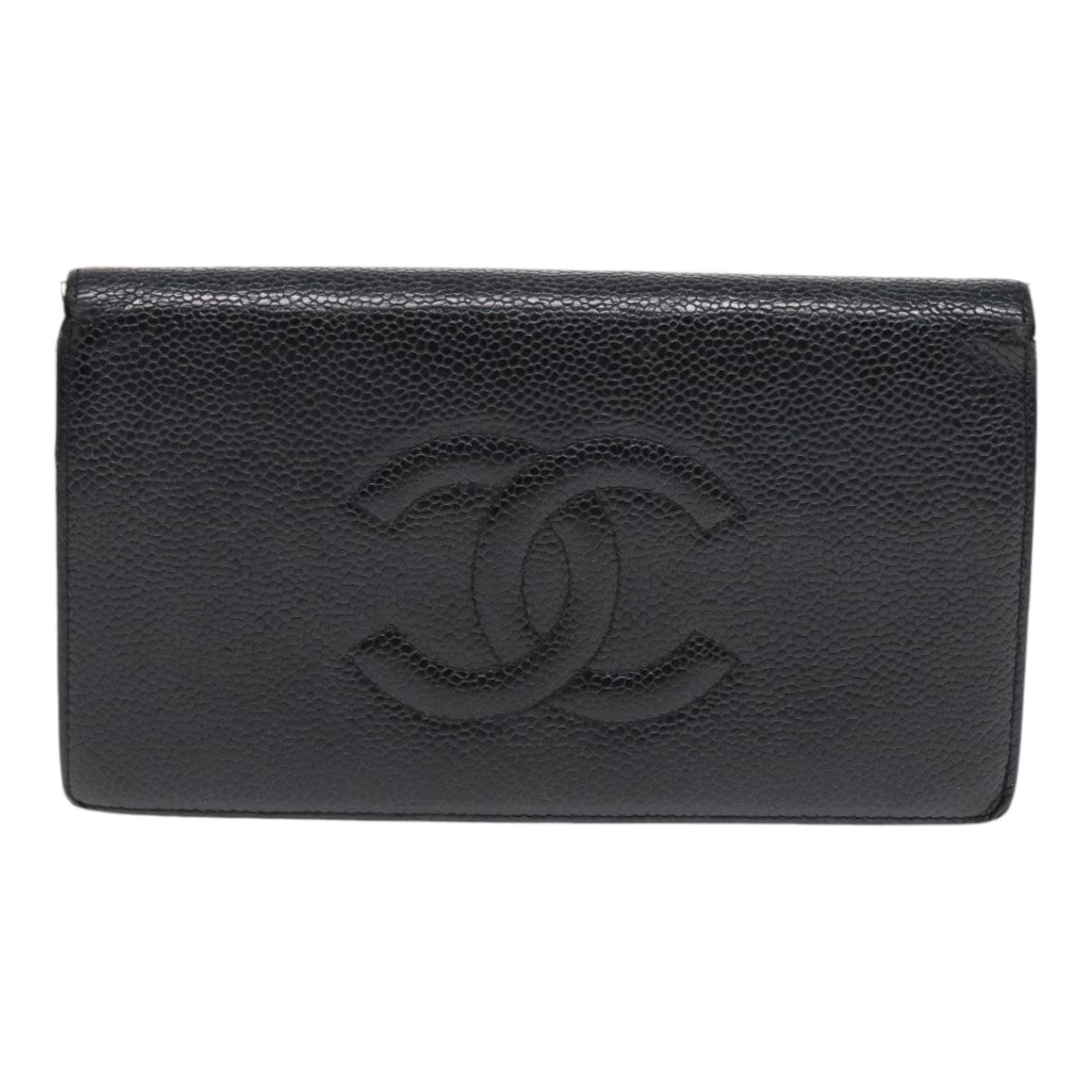 CHANEL Wallet Caviar Skin Black Gold CC Auth bs17064