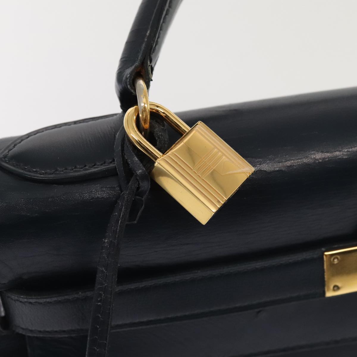 HERMES Kelly 32 Hand Bag Leather Navy Gold Auth bs17070