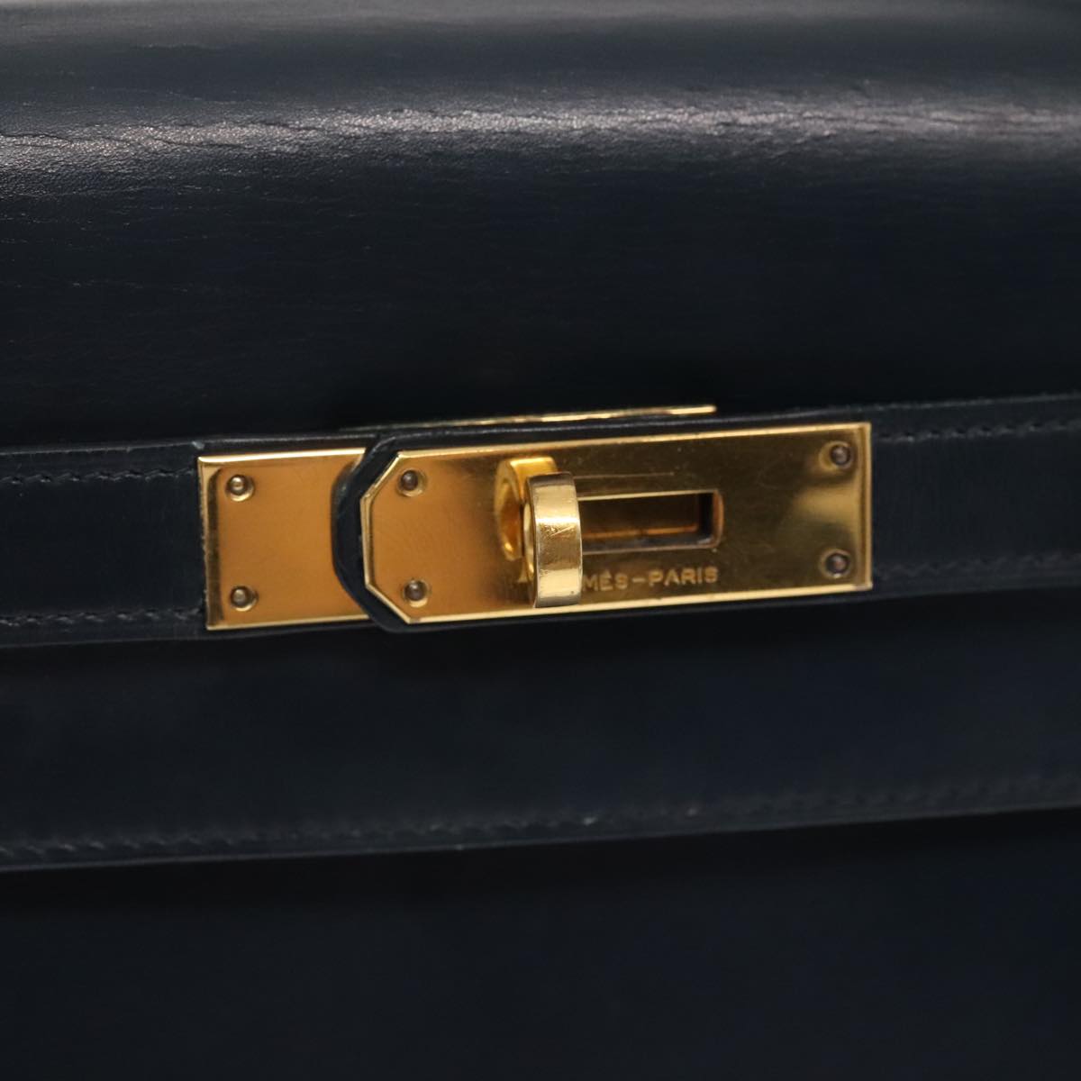 HERMES Kelly 32 Hand Bag Leather Navy Gold Auth bs17070