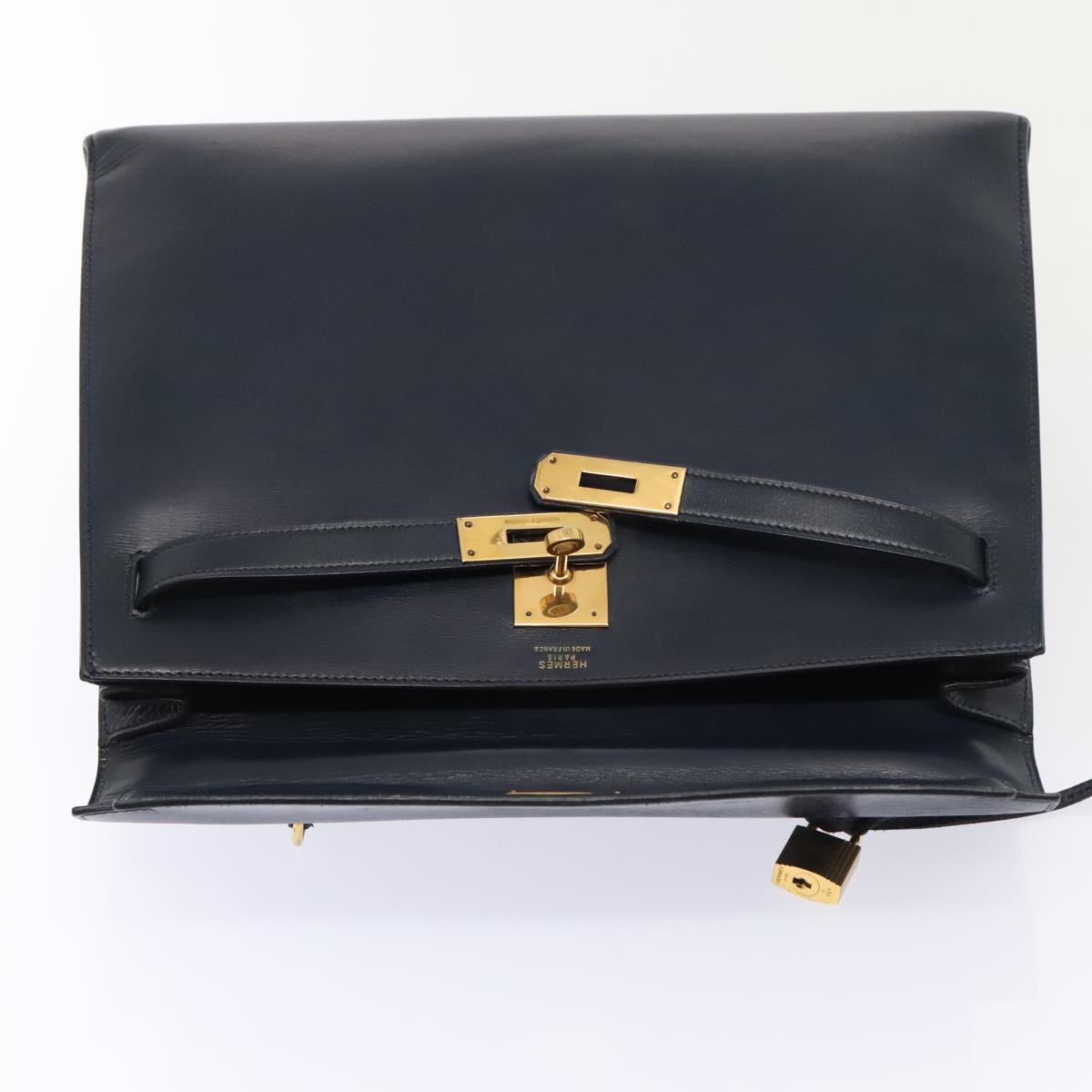 HERMES Kelly 32 Hand Bag Leather Navy Gold Auth bs17070