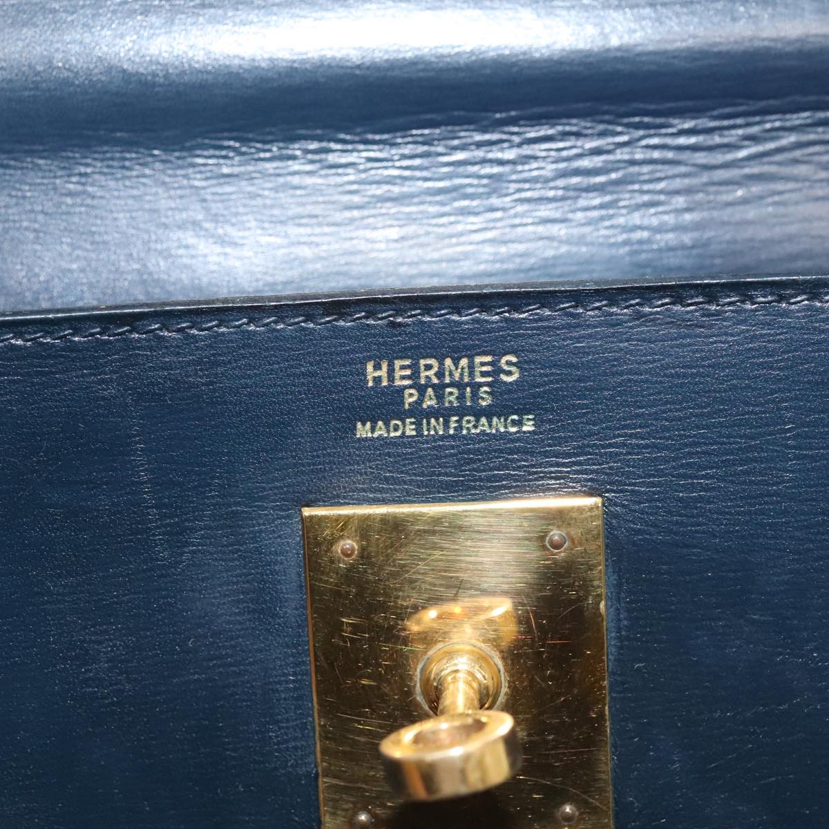 HERMES Kelly 32 Hand Bag Leather Navy Gold Auth bs17070