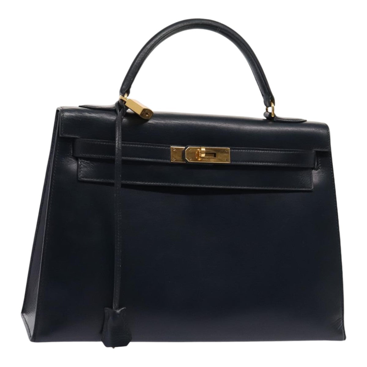 HERMES Kelly 32 Hand Bag Leather Navy Gold Auth bs17070