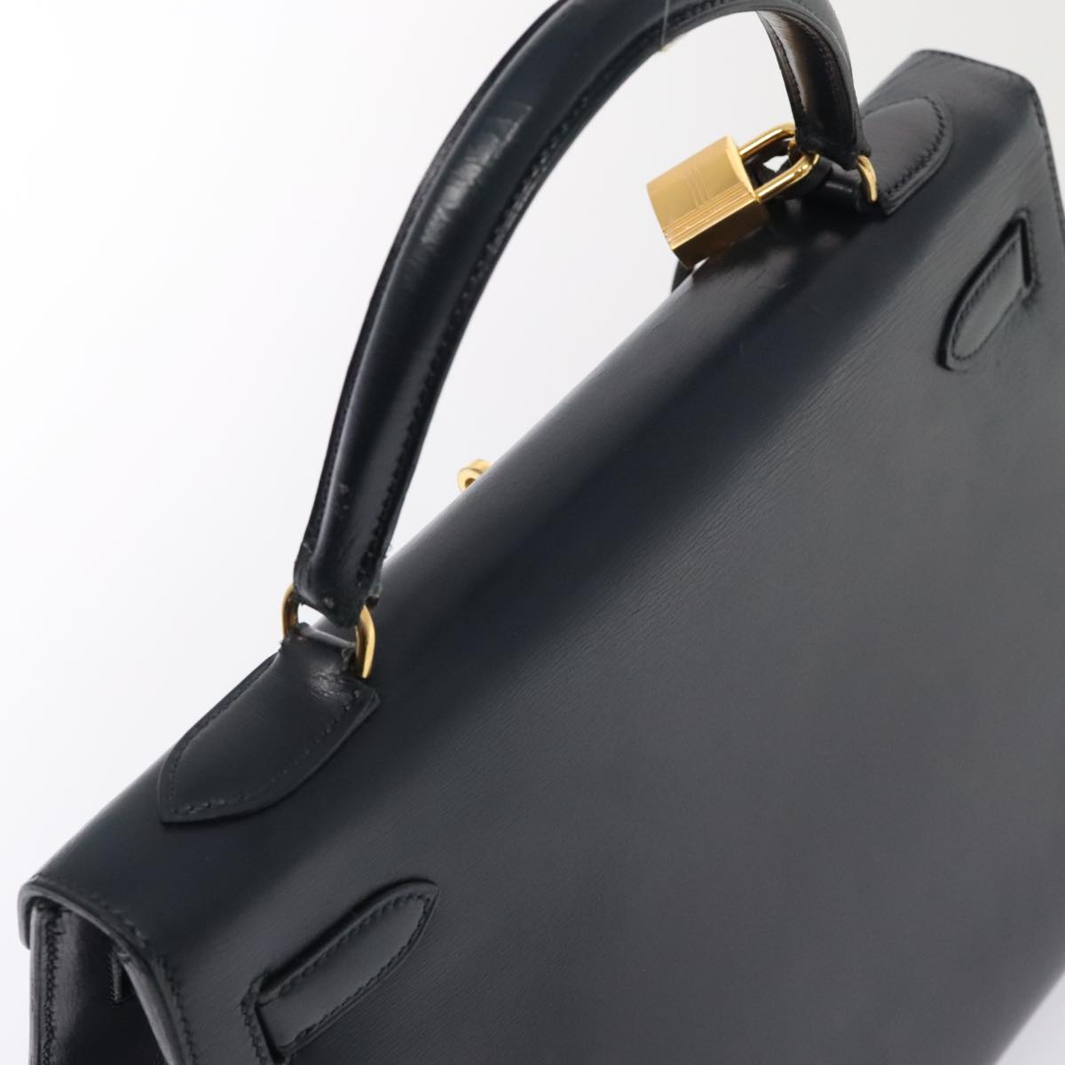 HERMES Kelly 32 Hand Bag Leather Navy Gold Auth bs17070