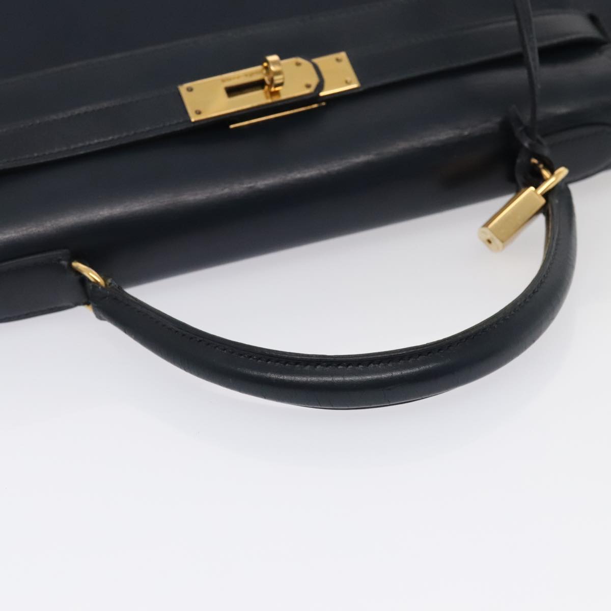 HERMES Kelly 32 Hand Bag Leather Navy Gold Auth bs17070