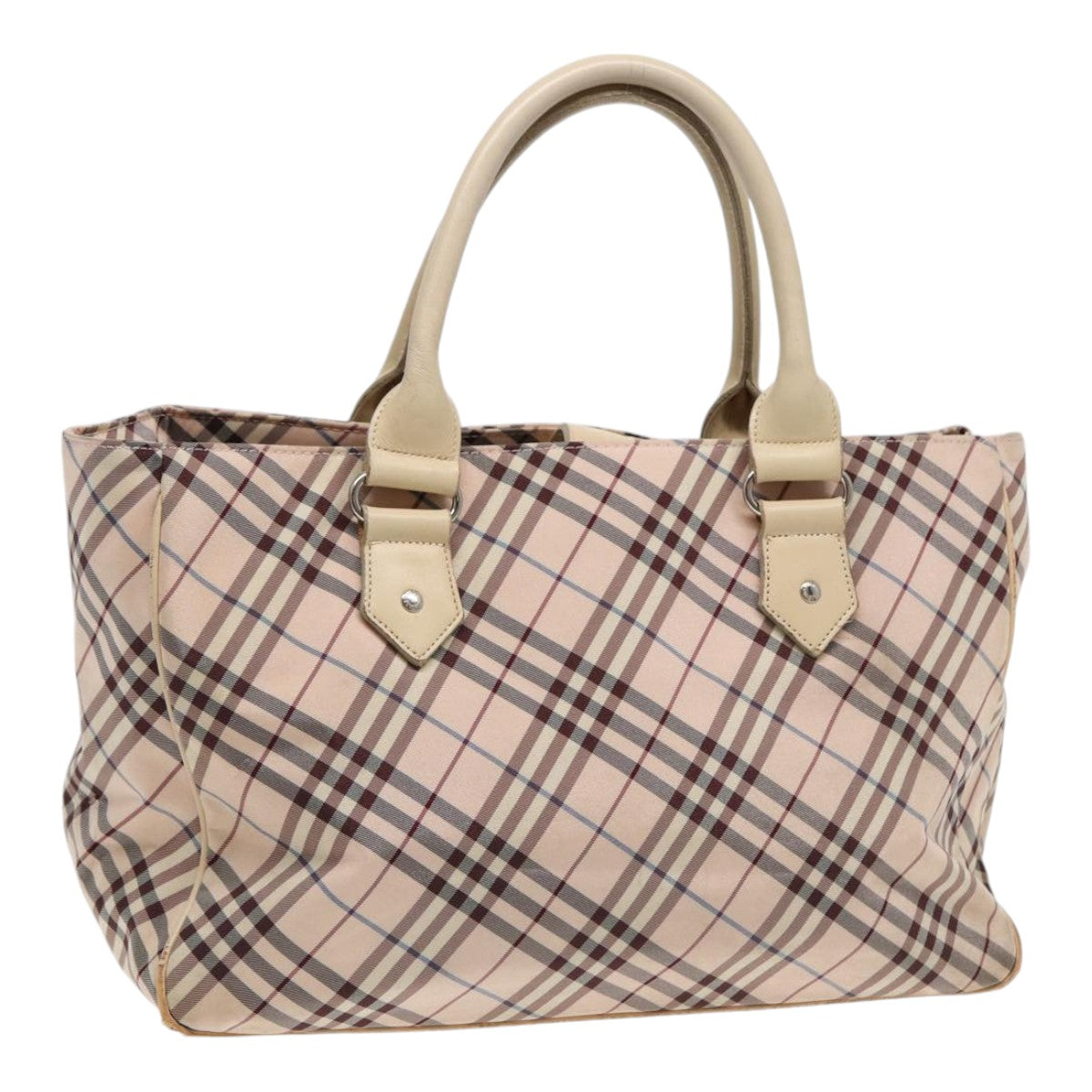 BURBERRY Nova Check Blue Label Hand Bag Nylon Beige Pink Silver Auth bs17115