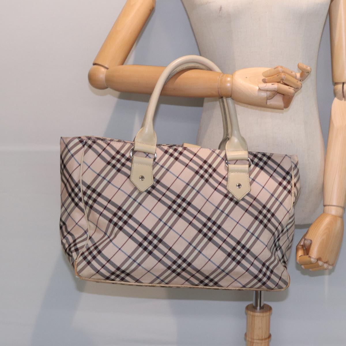 BURBERRY Nova Check Blue Label Hand Bag Nylon Beige Pink Silver Auth bs17115