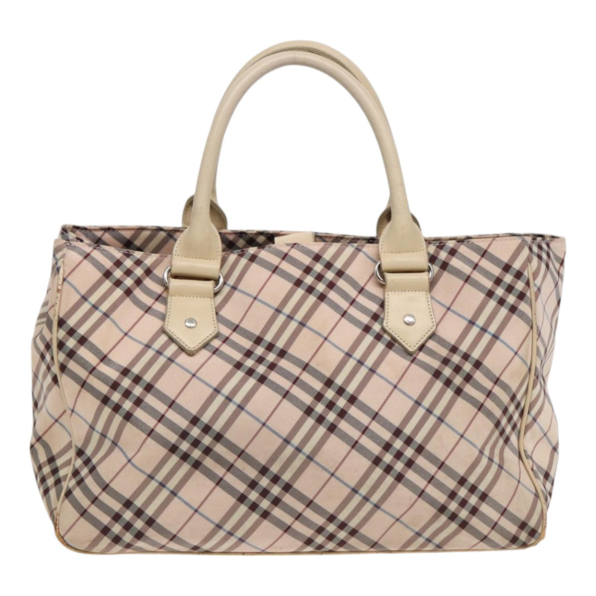 BURBERRY Nova Check Blue Label Hand Bag Nylon Beige Pink Silver Auth bs17115