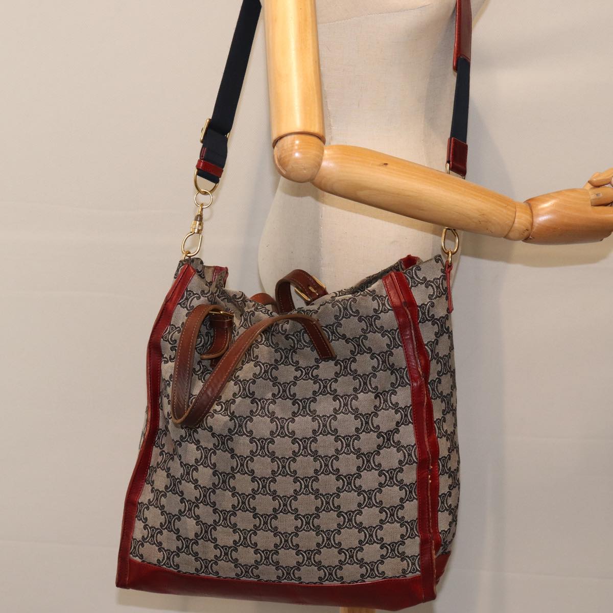 CELINE Paris Macadam Canvas Tote Bag 2way Gray Red gold Auth bs17152