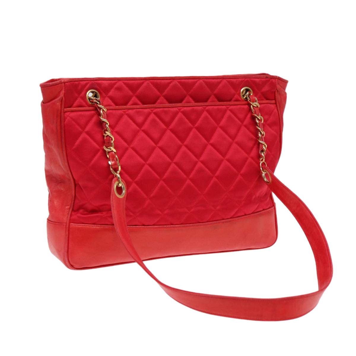 CHANEL Matelasse Chain Shoulder Bag Satin Red Gold CC Auth bs17153