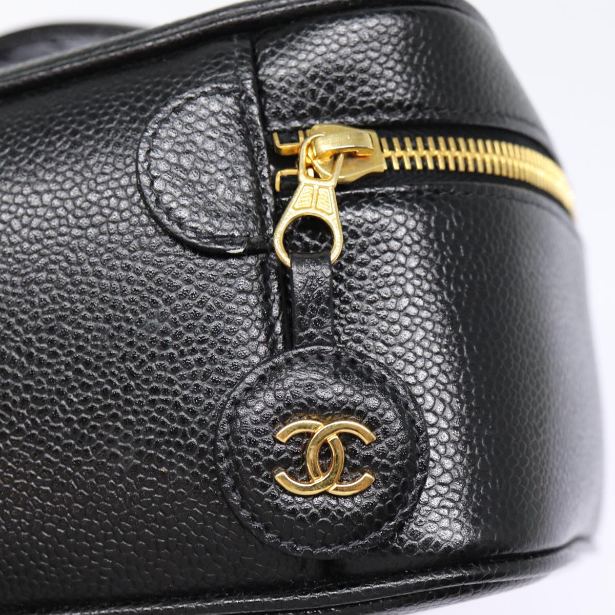 CHANEL COCO Mark Vanity Pouch Caviar Skin Black Gold CC Auth bs17155