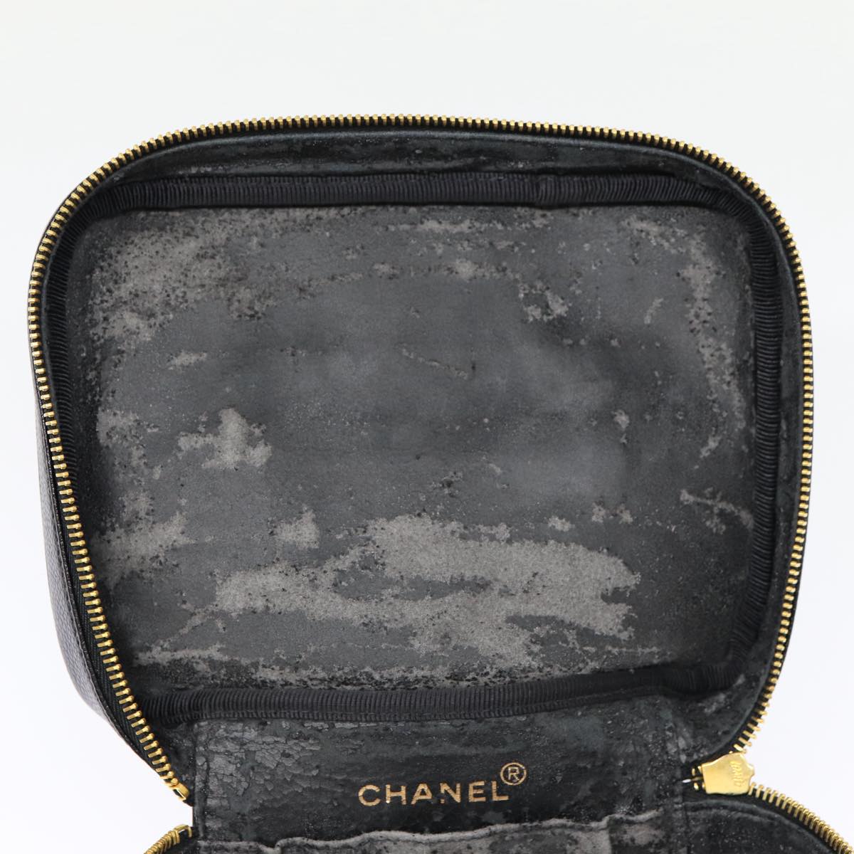 CHANEL COCO Mark Vanity Pouch Caviar Skin Black Gold CC Auth bs17155