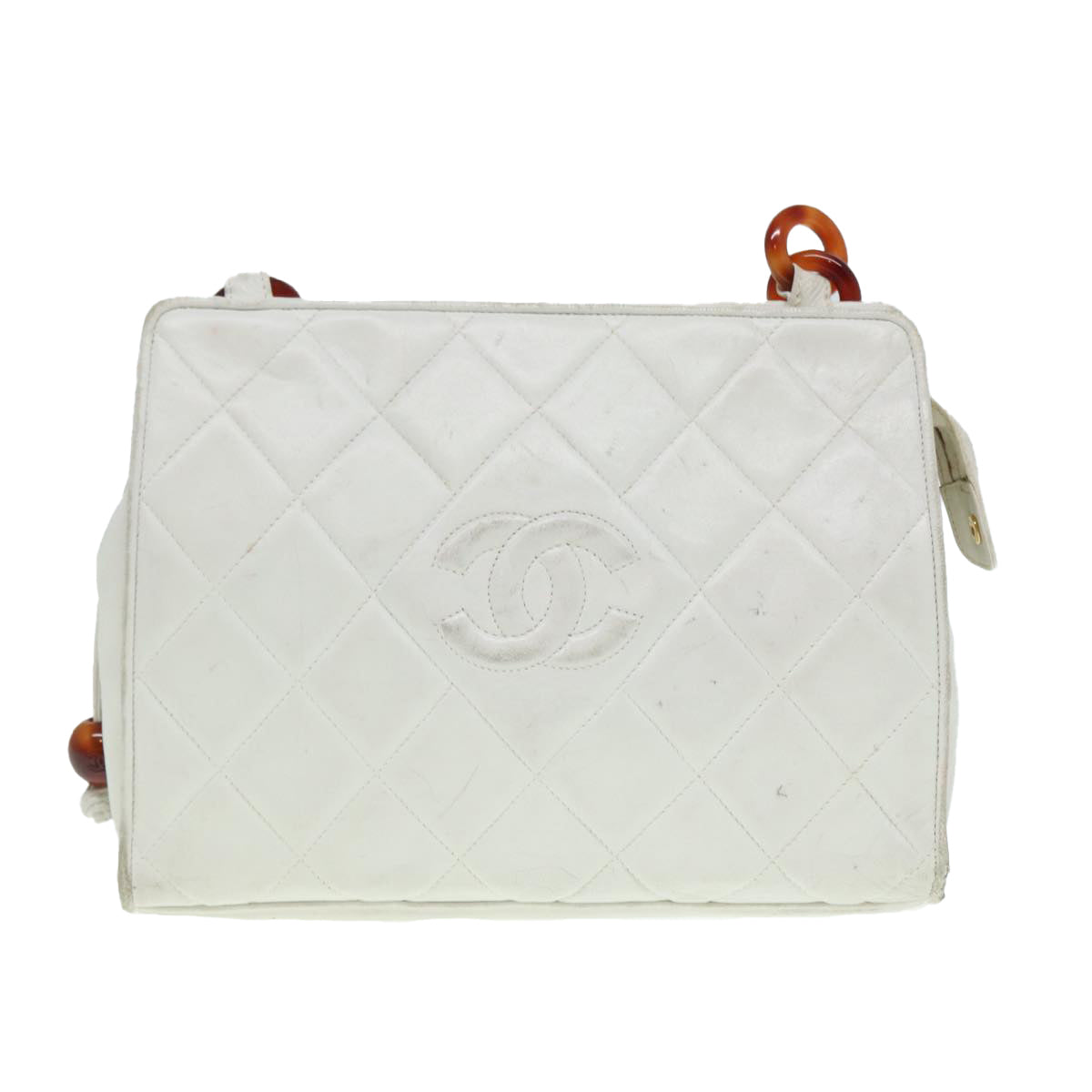 CHANEL Matelasse Shoulder Bag Lamb Skin White Gold CC Auth bs17156 - 0