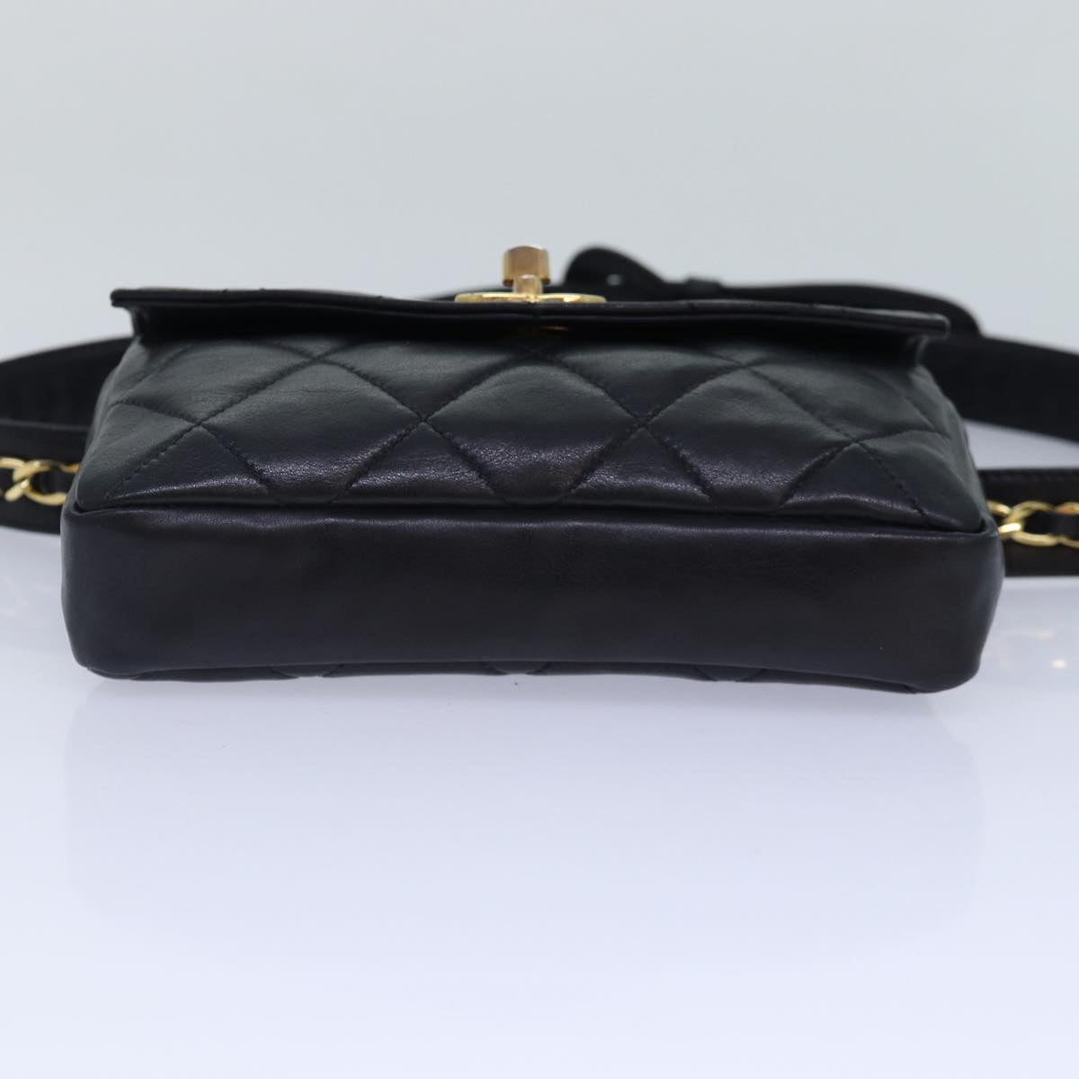 CHANEL Matelasse Chain Waist bag Lamb Skin Black Gold CC Auth bs17157