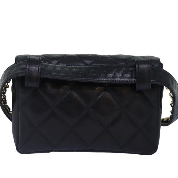 CHANEL Matelasse Chain Waist bag Lamb Skin Black Gold CC Auth bs17157