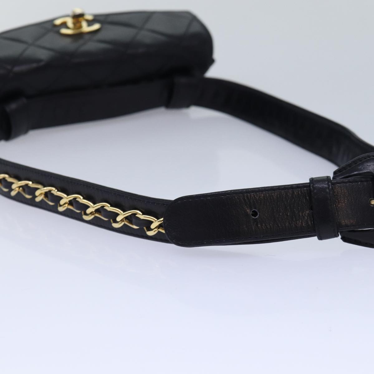 CHANEL Matelasse Chain Waist bag Lamb Skin Black Gold CC Auth bs17157