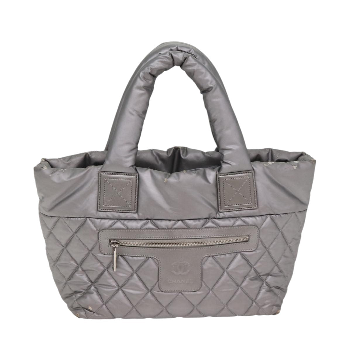 CHANEL Cococoon Tote Bag Nylon Leather Silver CC Auth bs17165