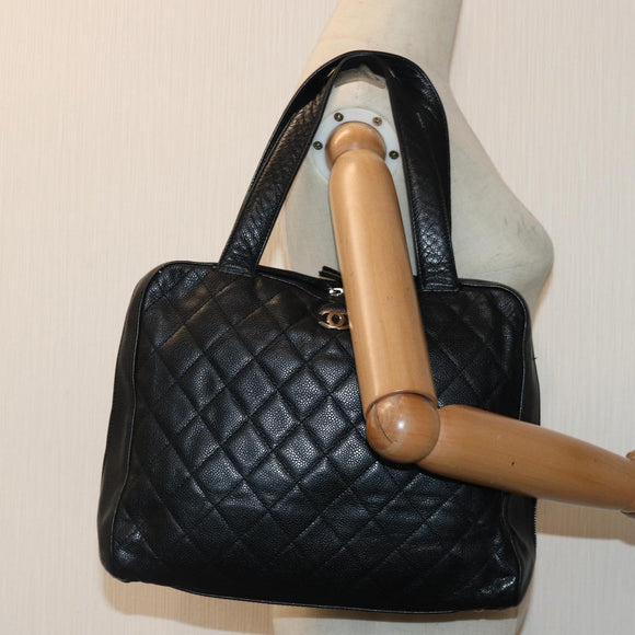 CHANEL Matelasse Hand Bag Calf Skin Black Silver CC Auth bs17167