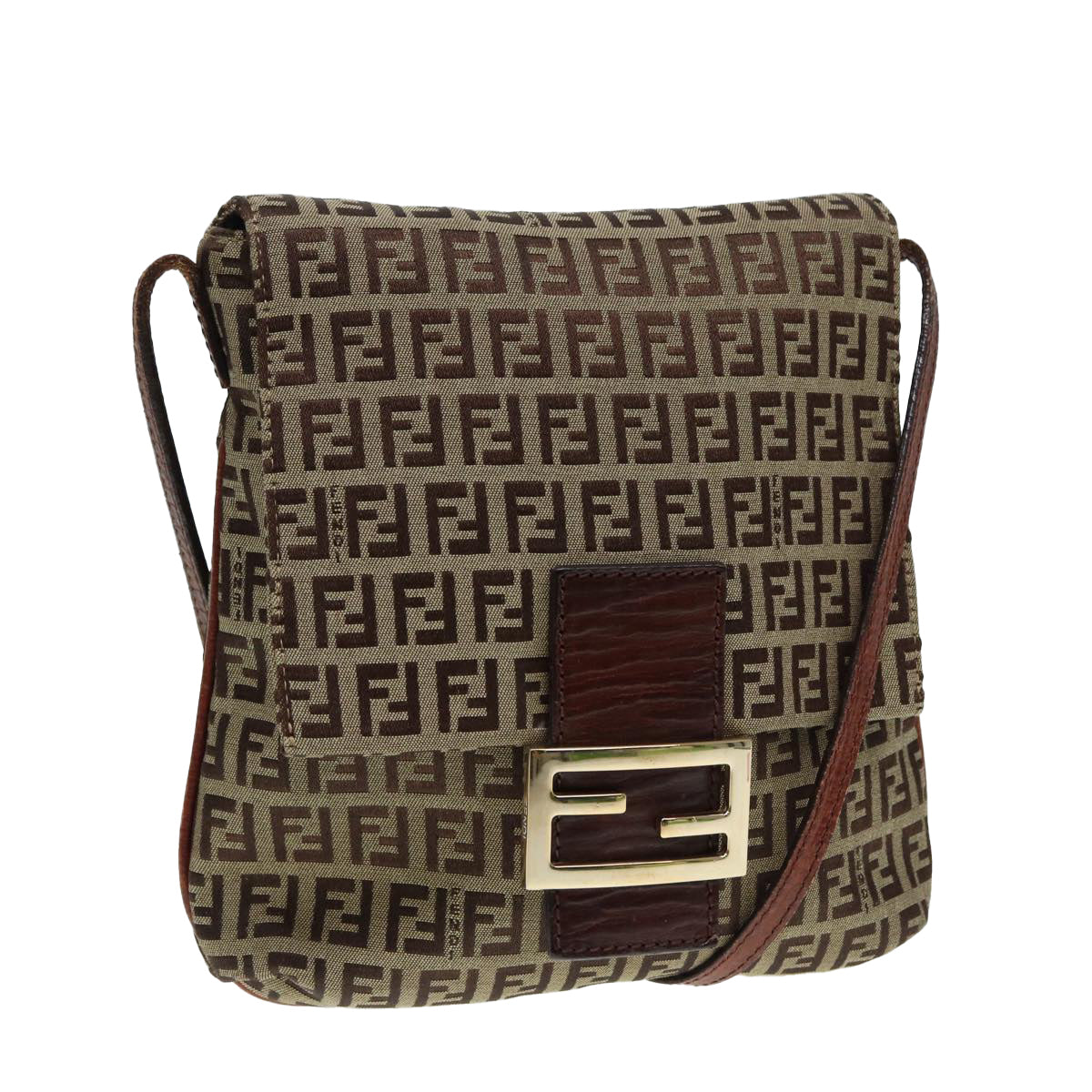 FENDI Zucchino Canvas Shoulder Bag Brown Gold Auth bs17192