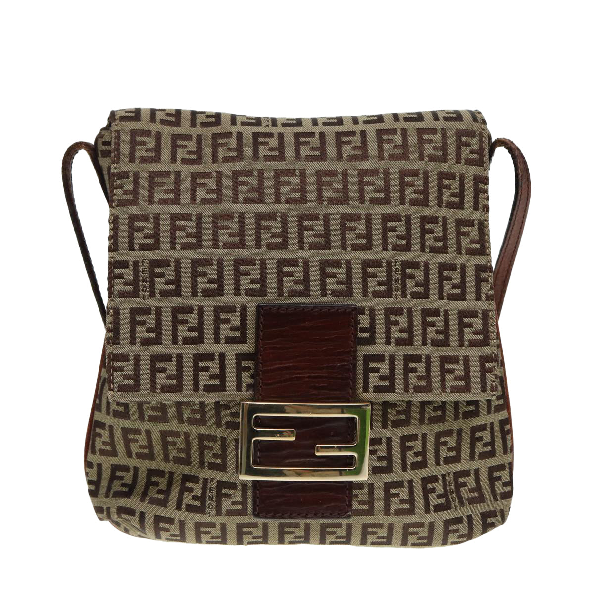 FENDI Zucchino Canvas Shoulder Bag Brown Gold Auth bs17192