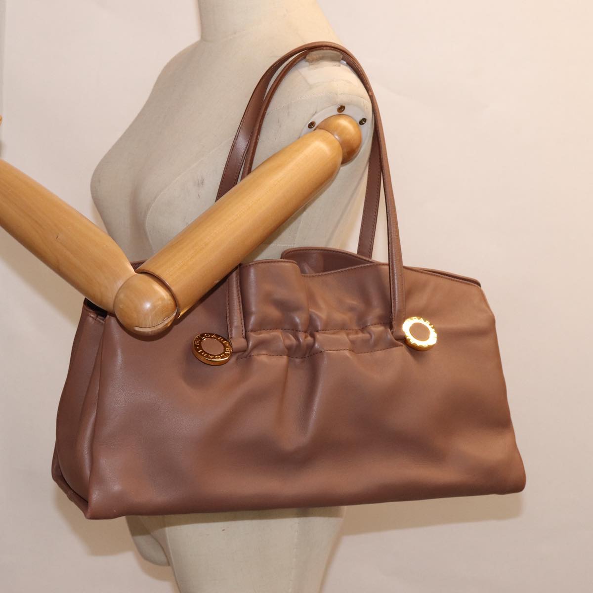 BVLGARI Tote Bag Leather Brown Gold Auth bs17195