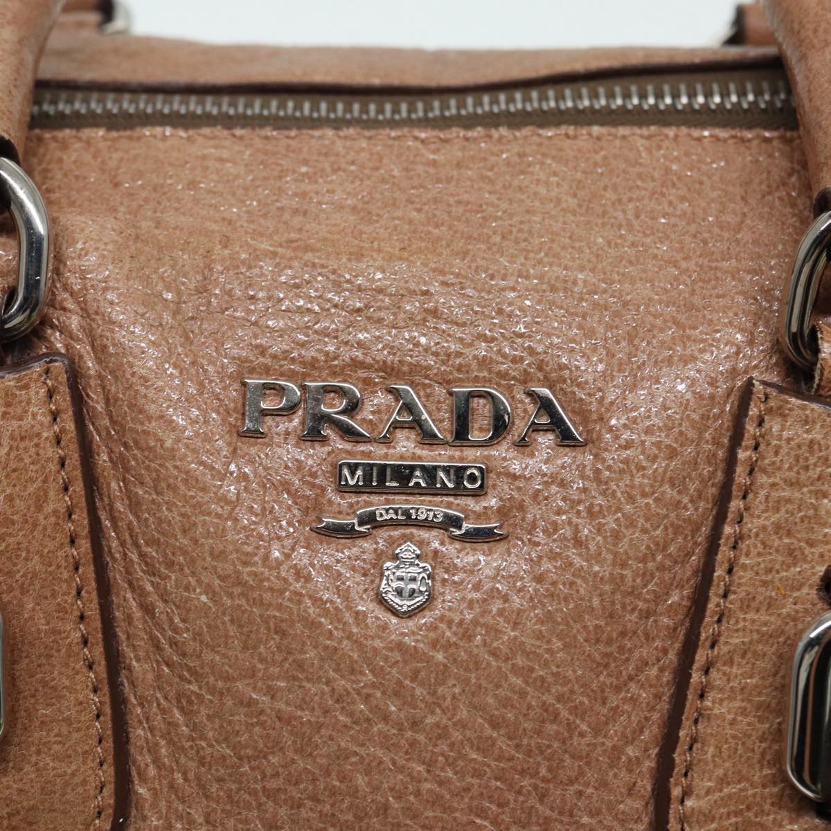 PRADA Hand Bag Leather Beige Silver Auth bs17215