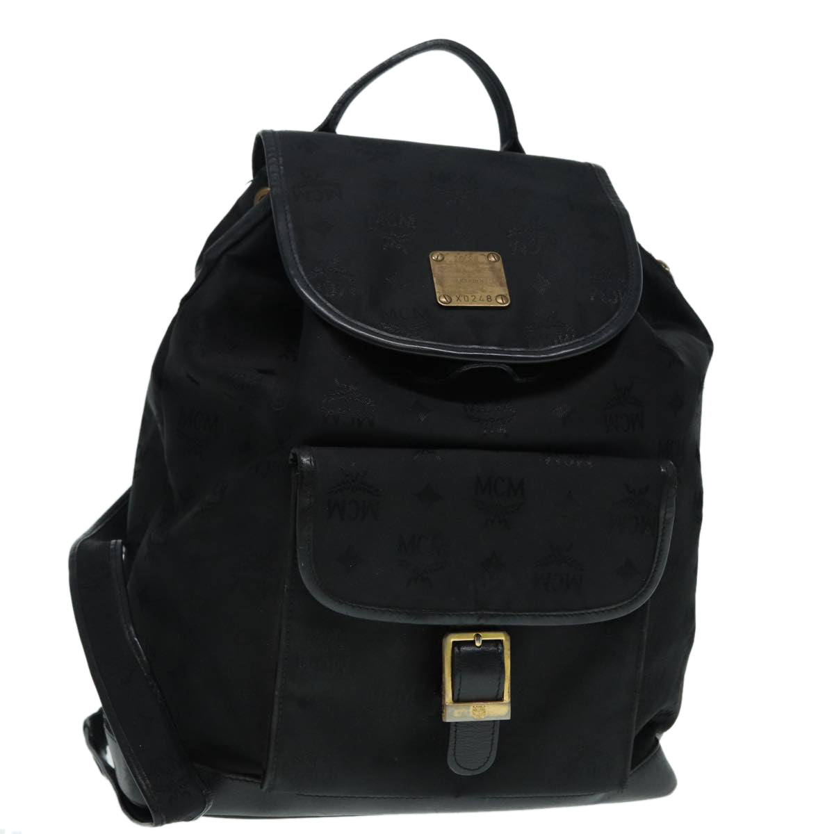 MCM Vicetos Logogram Backpack Leather Black Champagne Gold Auth bs17221