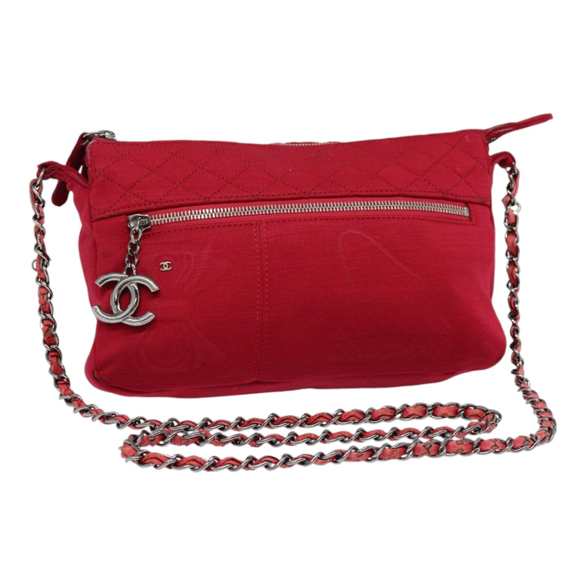 CHANEL Matelasse Chain Shoulder Bag Cotton Red Silver CC Auth bs17224